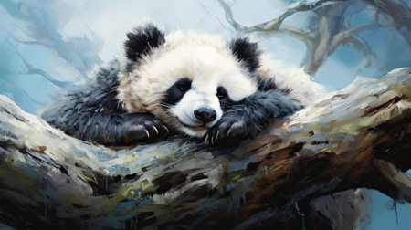 Panda sleeping on a branch of a tree.の素材