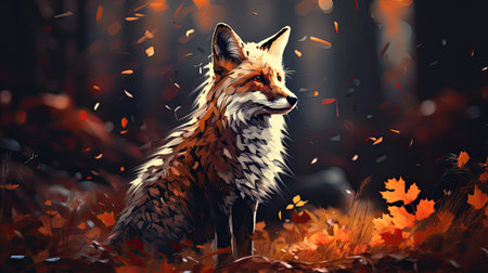 a fox in the autumn forest with falling leaves.の素材