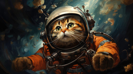 Portrait of a cat in an astronaut suit on space background.の素材