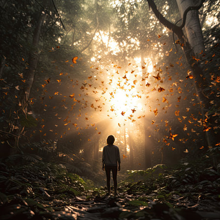 Silhouette of a man in the forest with flying leaves.の素材