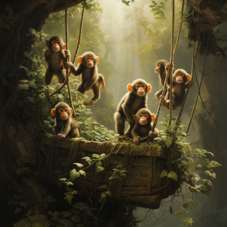 Monkey family on the tree in the forest. Vintage style.の素材