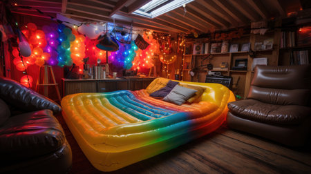 Multi-colored inflatable mattress in the interior of the house.の素材