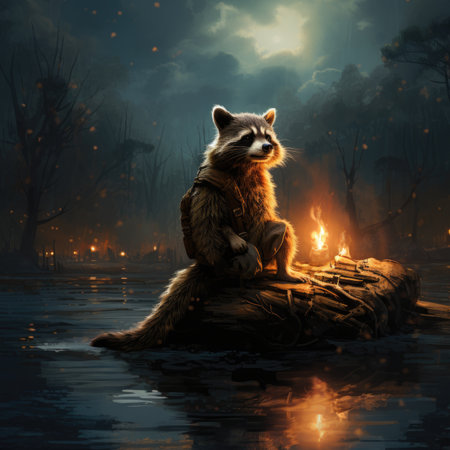 Raccoon sitting on a log by the fire in the forestの素材
