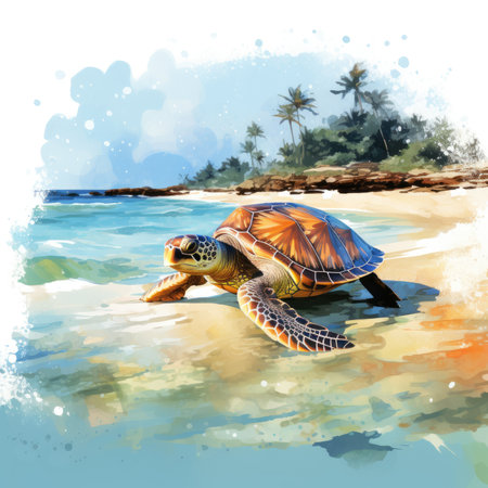 Watercolor sea turtle on the background of the ocean.の素材