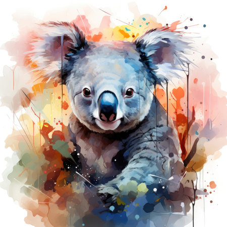 Hand drawn watercolor illustration of koala bear on abstract watercolor backgroundの素材