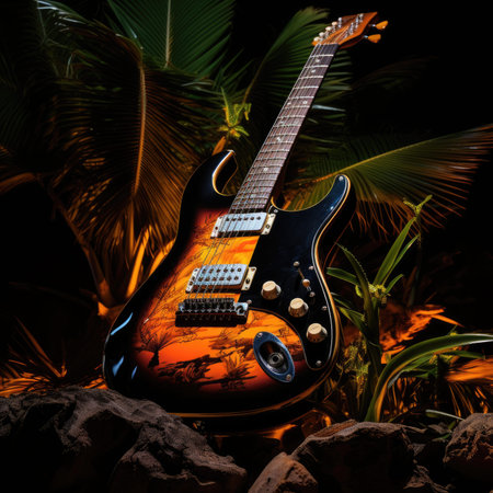 Electric guitar on the rock with palm leaves in the background.の素材