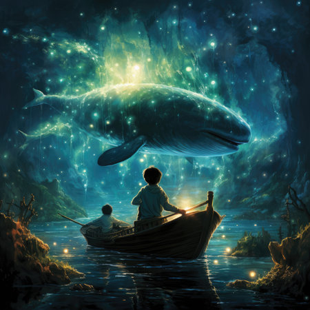 Fantasy scene with a little boy and a big whale in the seaの素材