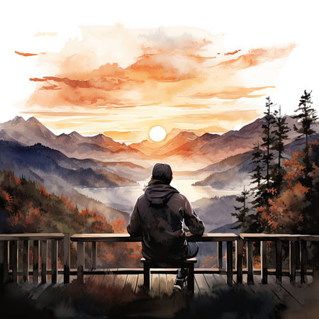 Man sitting on a wooden terrace looking at the mountains at sunsetの素材