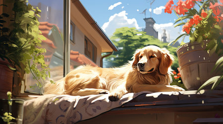 Golden Retriever lying on the windowsill in the village.の素材
