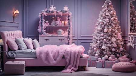 Christmas interior with a Christmas tree, gifts and a pink sofa.の素材