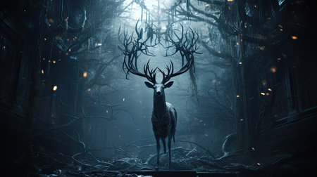 Deer in the dark forest at night.の素材