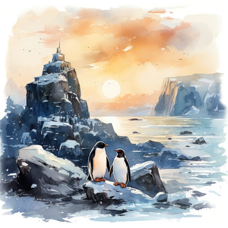 Watercolor Penguins on the rocks at sunset.の素材