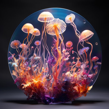 colorful jellyfishes in a glass sphere on a black backgroundの素材