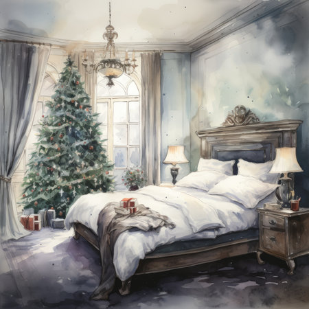 Watercolor Christmas bedroom with christmas tree and gifts.の素材