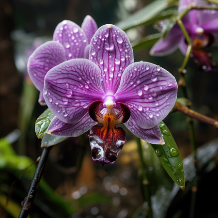Beautiful purple orchid with water drops on the petals.の素材
