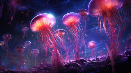 jellyfish in abstract space with stars and lightsの素材