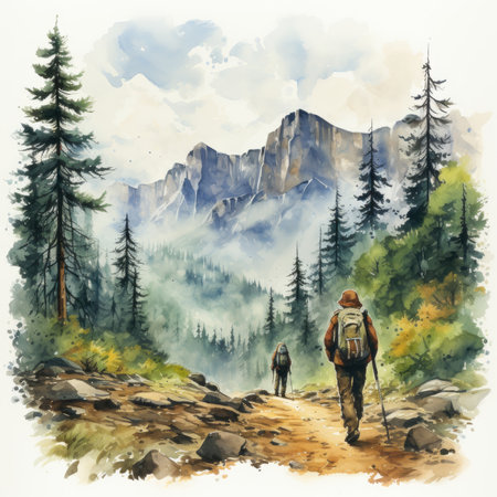 Watercolor hiker on the trail in the mountainsの素材