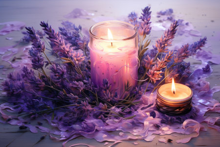 Lavender flowers and candles on a wooden background.の素材