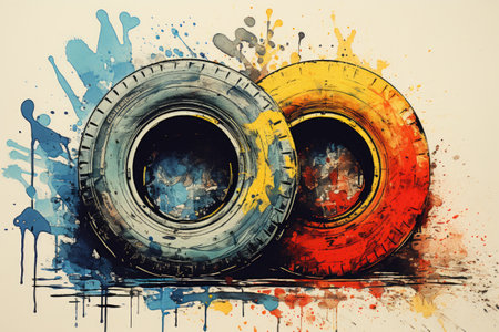Colorful grunge tire on watercolor splash background. Vintage illustrationの素材