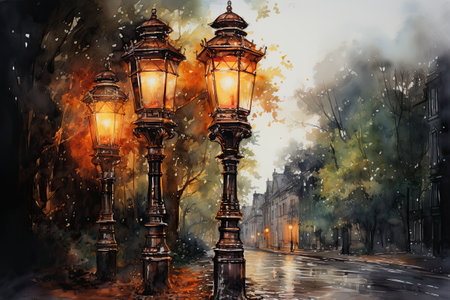 Watercolor Lanterns in Cityの素材