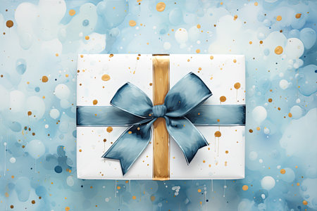 Gift box with blue bow on abstract watercolor background.の素材