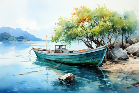 Watercolor Fishing boat on the sea.の素材