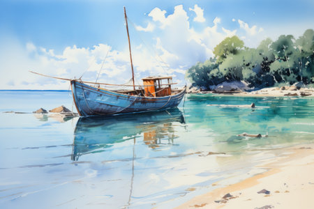 Watercolor Fishing boat on the beach.の素材