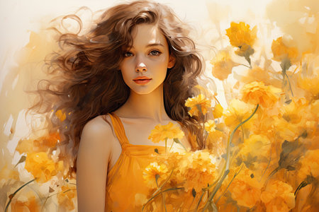 Portrait of a beautiful young girl with long curly hair in a yellow dress.の素材
