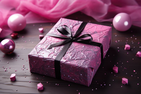 Gift box with ribbon on dark wooden background, close-upの素材