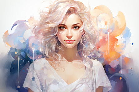 Portrait of a beautiful blonde woman with long curly hair. Beauty, fashion.の素材