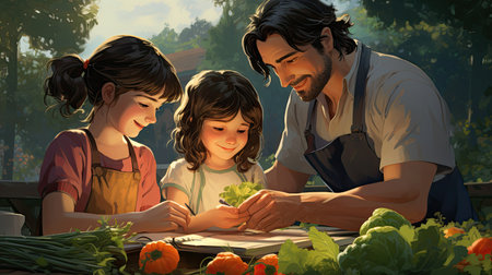 Happy family is cooking together in the garden. Happy family concept.の素材