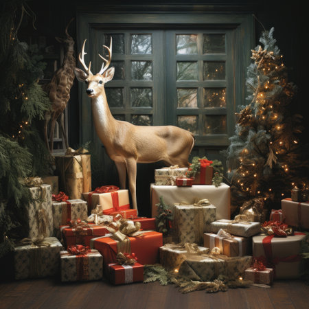 Christmas deer with gifts in front of the door. Vintage toned.の素材