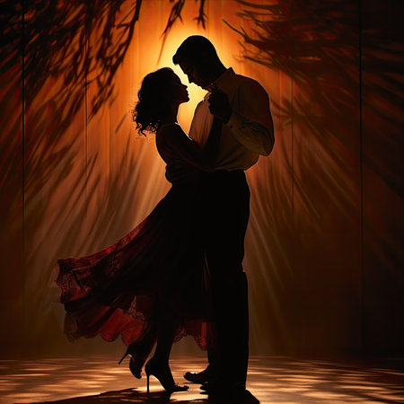 Silhouette of a couple dancing tango in a dark roomの素材