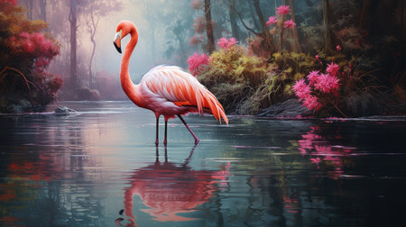 Flamingo in a misty forest lake.の素材