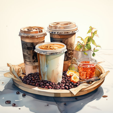 Coffee in paper cups and coffee beans on a white backgroundの素材