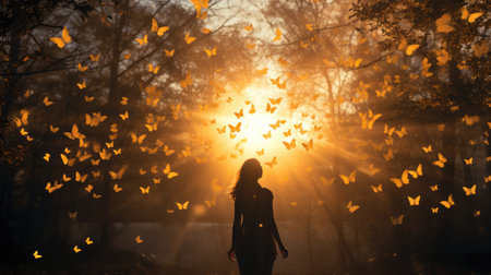 Silhouette of a girl in the autumn park with flying butterfliesの素材