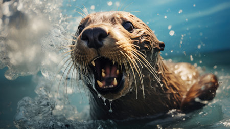 Close up of a wet fur seal swimming in the water with mouth openの素材