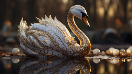 Beautiful white swan swimming in the lake with reflection in waterの素材