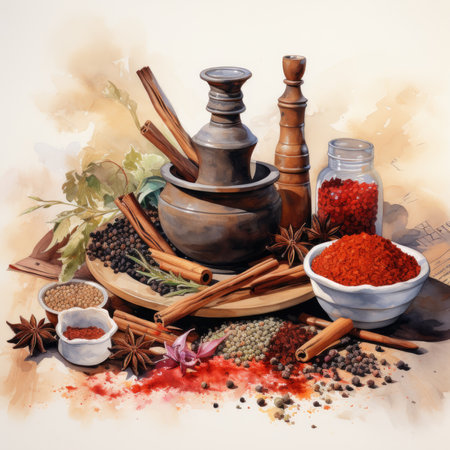 Set of spices and herbs in mortar and pestle on watercolor backgroundの素材
