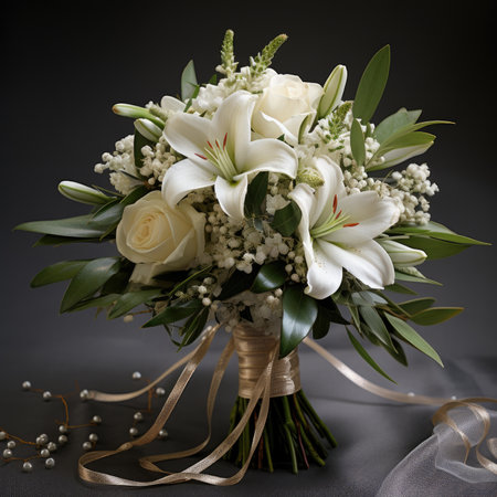 Wedding bouquet of white lilies on a gray backgroundの素材
