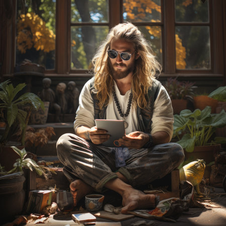 Handsome man with long wavy blond hair in casual clothes and sunglasses is sitting on the floor and reading a book.の素材