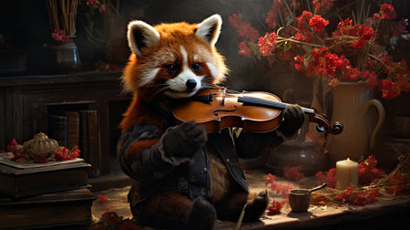 Red panda playing the violin in a dark room with flowers.の素材