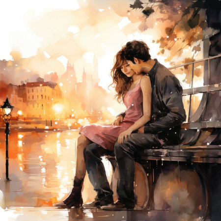 Young couple in love sitting on a bench in the city.の素材