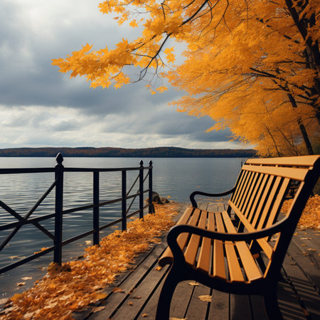 Autumn landscape with lake and wooden bench. Fall season concept.の素材