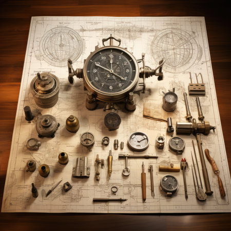 Vintage still life with compass, compass and other tools on a wooden backgroundの素材