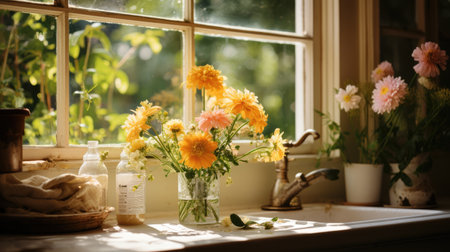 Flowers in a vase on the windowsill in the morningの素材