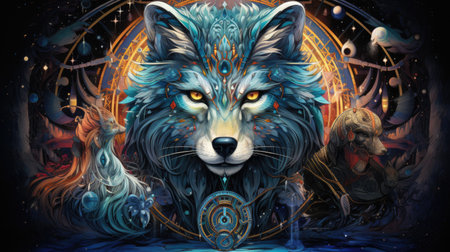 a wolf in the space with stars and other elements.の素材