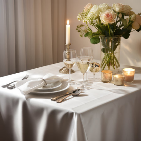 Wedding table setting with flowers, candles and cutleryの素材