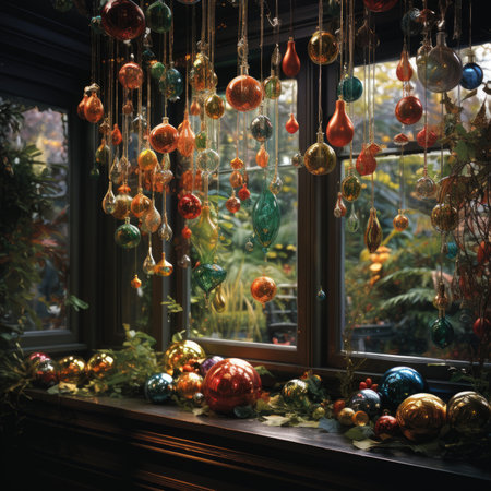 Colorful christmas ornaments hanging on the window at homeの素材