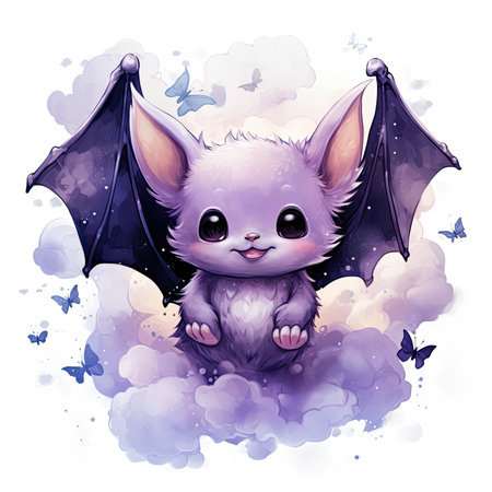 Cute cartoon bat with wings on watercolor background.の素材